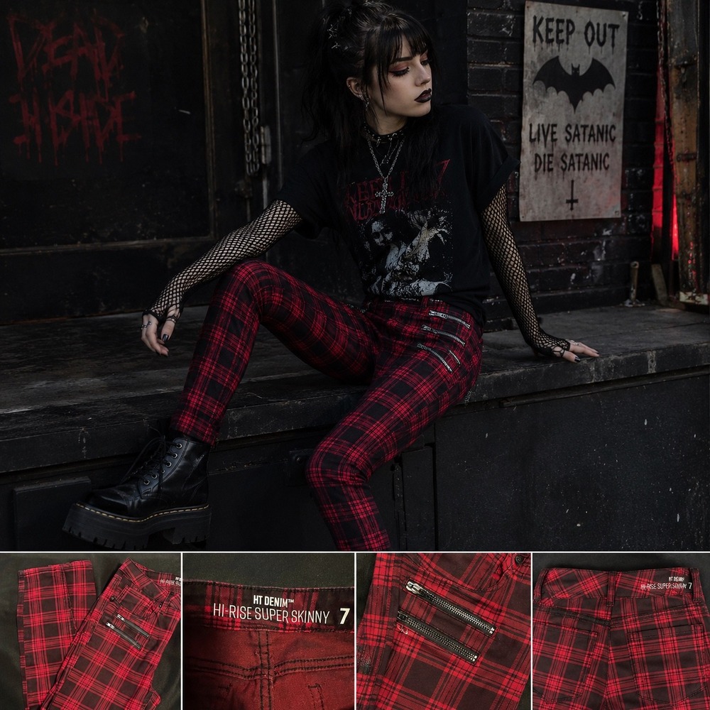 Hot Topic HT Denim Red & Black Plaid Hi-Rise Super Skinny Jeans Sz 7